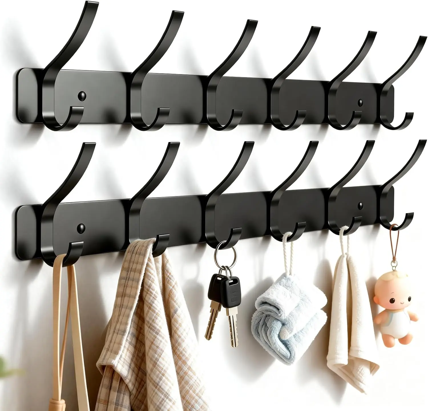 Wall Mounted Coat Rack, 6 Hooks for Hanging Clothes, Black, 2-Pack | Heavy duty rustproof hanger rail for backpacks hats towels, wall hook storage organizer for entryway bathroom mudroom purse