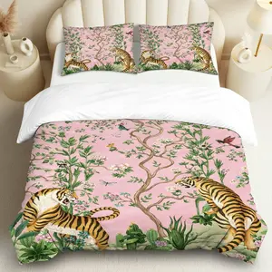 3PCS Duvet Cover Set, 1 Duvet+2 Pillowcases(Without filler), Floral Tiger Woodland Pink Exotic Wildlife theme, Easter bedding set, Nature Inspired Suitable for decoration bedroom, guestroom, hotel, lodge.
