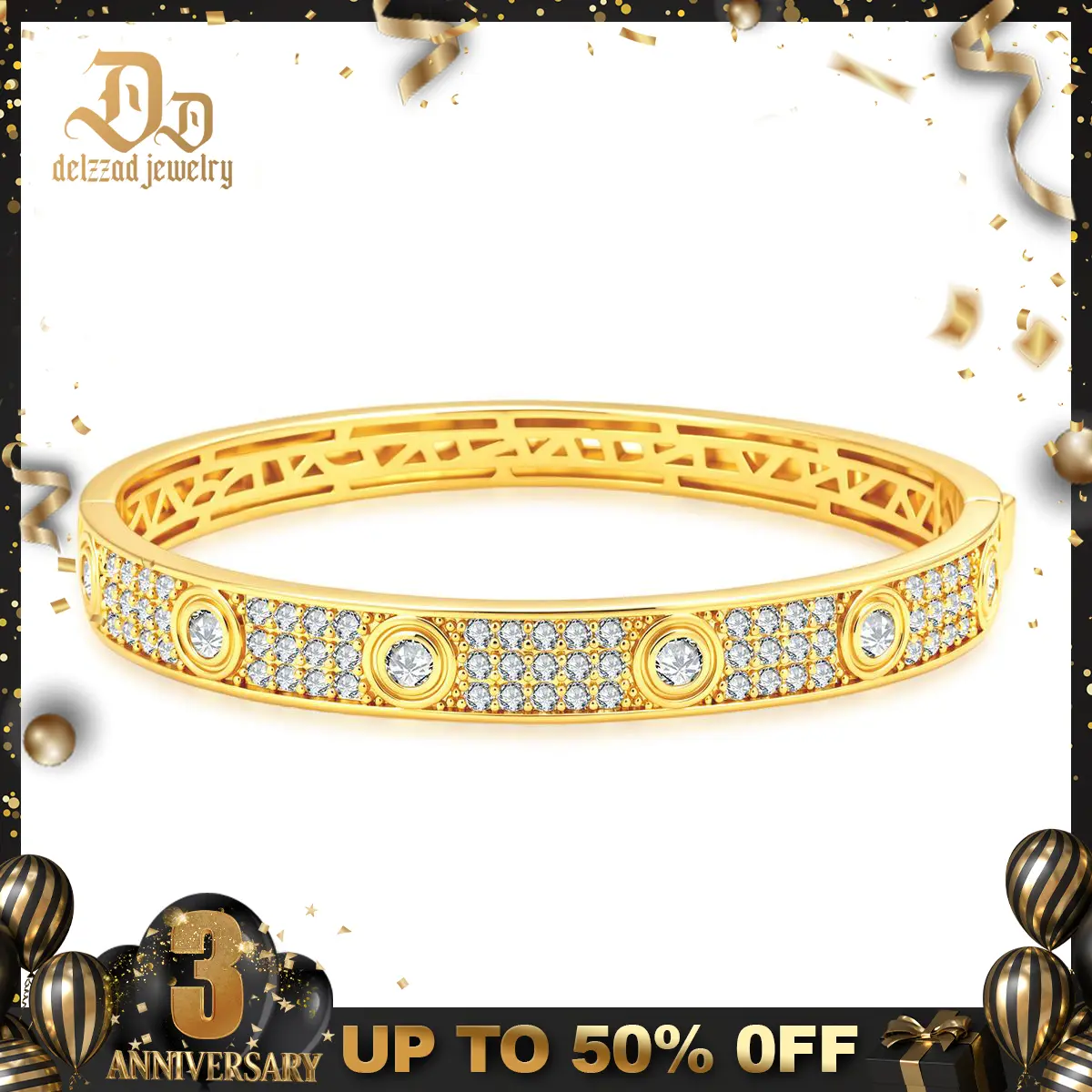 Delzzad 14K Gold-Plated 3.5ct Locked in Light Bangle Gilded Galaxy Bracelet Love Bangle Synthetic Moissanite Bracelet Jewelry Perfect Birthday Engagement Wedding Anniversary Christmas Gift