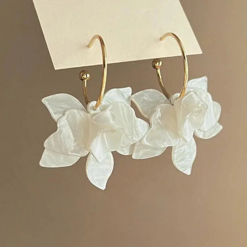 Hoop Earrings for Women, White & Brown Resin Gardenia Flower, Statement Accessory for Trendy Ear Stacking, Statement Pieces, Whimsical Earrings, Flower Cluster Earrings