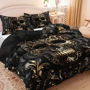 3pcs Metallic Skull Duvet Cover Set, Bedroom Bedding Set with 1 Duvet Cover and 2 Pillowcases, High Definition Print for Home and Dorm Room