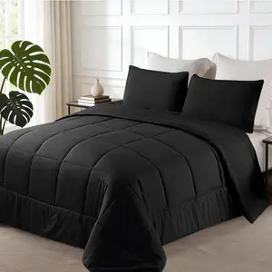 Lightweight Reversible Queen Size Comforter Set, Down Alternative Comforter with 2 Pillow Sham, Queen Size Bedding Set for All, Black