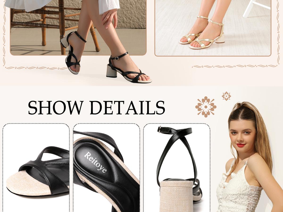 Reitoye Women's Chunky Heels Open Toe Woven Strappy Sandals Ankle Strap Low Block Heel Sandals Comfort Party Shoes