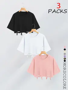 Women's Casual Loose-Fit Short Sleeve Knit T-Shirt, Trendy Ripped Fringe Design, All-Season Fashion Top for Daily Wear Piece