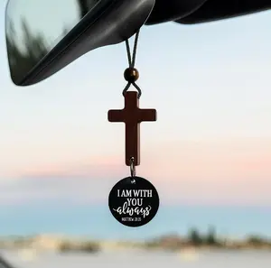 Daily Bible Verse Rearview Mirror Cross Ornament – Daily Scripture Car Charm Hanging Cross for Car with “I Am with You Always” Medallion