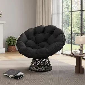 Heavy-Duty 360° Swivel Papasan Patio Chair – Soft 6" Beige Cushion, 350 lbs Metal Frame, All-Weather Black Wicker, Rain-Resistant, Pet-Friendly, Indoor Outdoor Lounge Seating