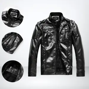 Men’s stand-collar motorcycle-style leather jacket with fleece lining; thickened winter interior for windproof warmth; multi-pocket slim fit that flatters the figure; versatile outerwear for daily commuting and street outings.