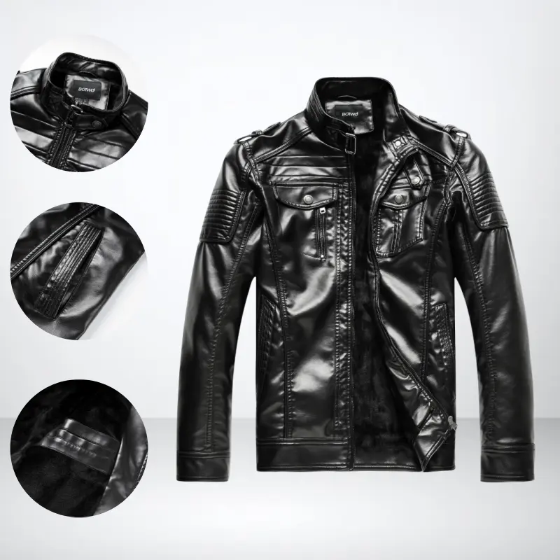 Men’s stand-collar motorcycle-style leather jacket with fleece lining; thickened winter interior for windproof warmth; multi-pocket slim fit that flatters the figure; versatile outerwear for daily commuting and street outings.