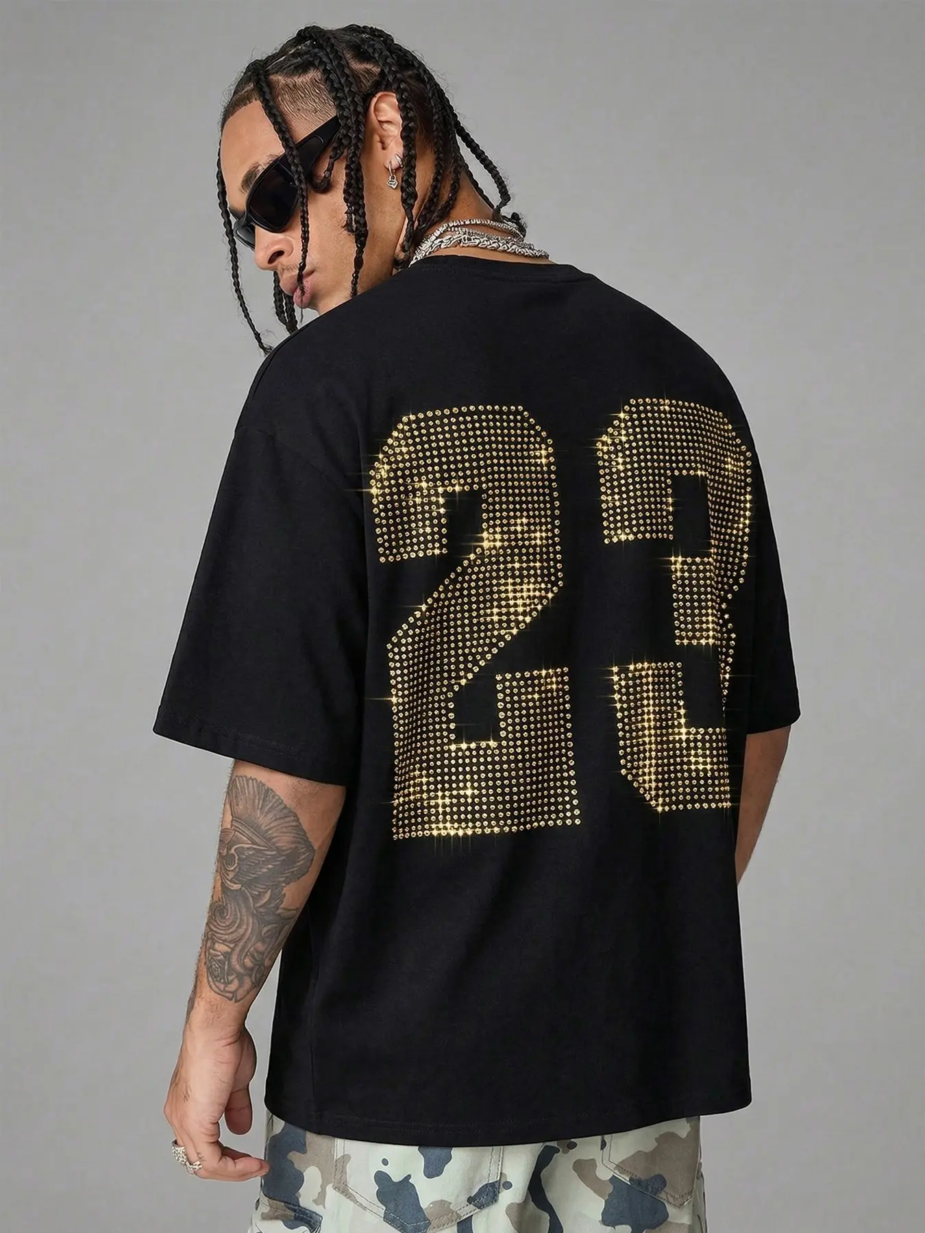 Rhinestone Number 23 Graphic, Oversized T Shirt Men, Y2K Bling Streetwear Short Sleeve Tee, Black Back Print Rhinestone Top, Daily Wear, Street Style, Casual, Summer Outfits, Men's Retro Streetwear #springsaledeals2026 #summeroutfits #tiktokshopmademe
