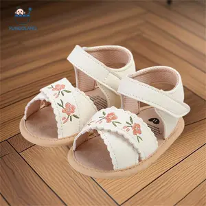 Summer baby girl sandals, elastic PU leather anti slip embroidered summer flat shoes