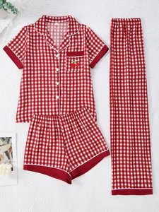 Women's 3-piece Bubble Crinkle Loungewear Set, Cherry Embroidered Short-sleeve Open Front Top with Shorts and Long Pants, Wearable Outside Pajama Set