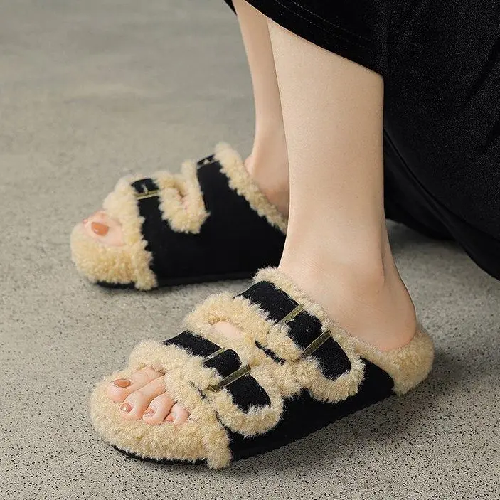 Women's Fuzzy Platform Sandals - Faux Shearling, Double Buckle Fasten, 1.2-Inch Thick Sole, Open-Toed Sandals, Cozy Fur Slides for Fall Winter Indoor-Casual, Lounge Use