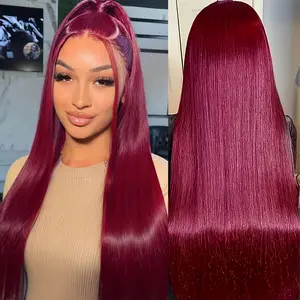 Burgundy Wig Human Hair 13x6 HD Transparent Lace Straight 99J Red Human Hair Wig Colored Reddish Brown Lace Frontal Wigs 180% Density Pre Plucked