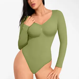 FeelinGirl Womenswear Seamless Long Sleeve Thong Bodysuit for Tummy Control V Neck Going Out Fabric Comfortable Deals For You Days