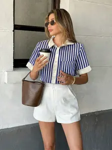 French Lazy Vibe Royal Blue Wide Stripe Contrast Cropped Shirt Baddie Sweet-Cool Royal Blue Wide Stripe Contrast Shirt Chic Mature Vacation Royal Blue Wide Stripe Contrast Collared Shirt