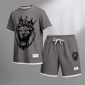 Men's Lion Print Shorts Set For Spring/Summer. A Casual Summer Outfit, Including A Short-Sleeved Shirt And Shorts, Suitable For Everyday Wear And Sports. A Two-Piece Set For A Relaxed And Energetic Lifestyle.