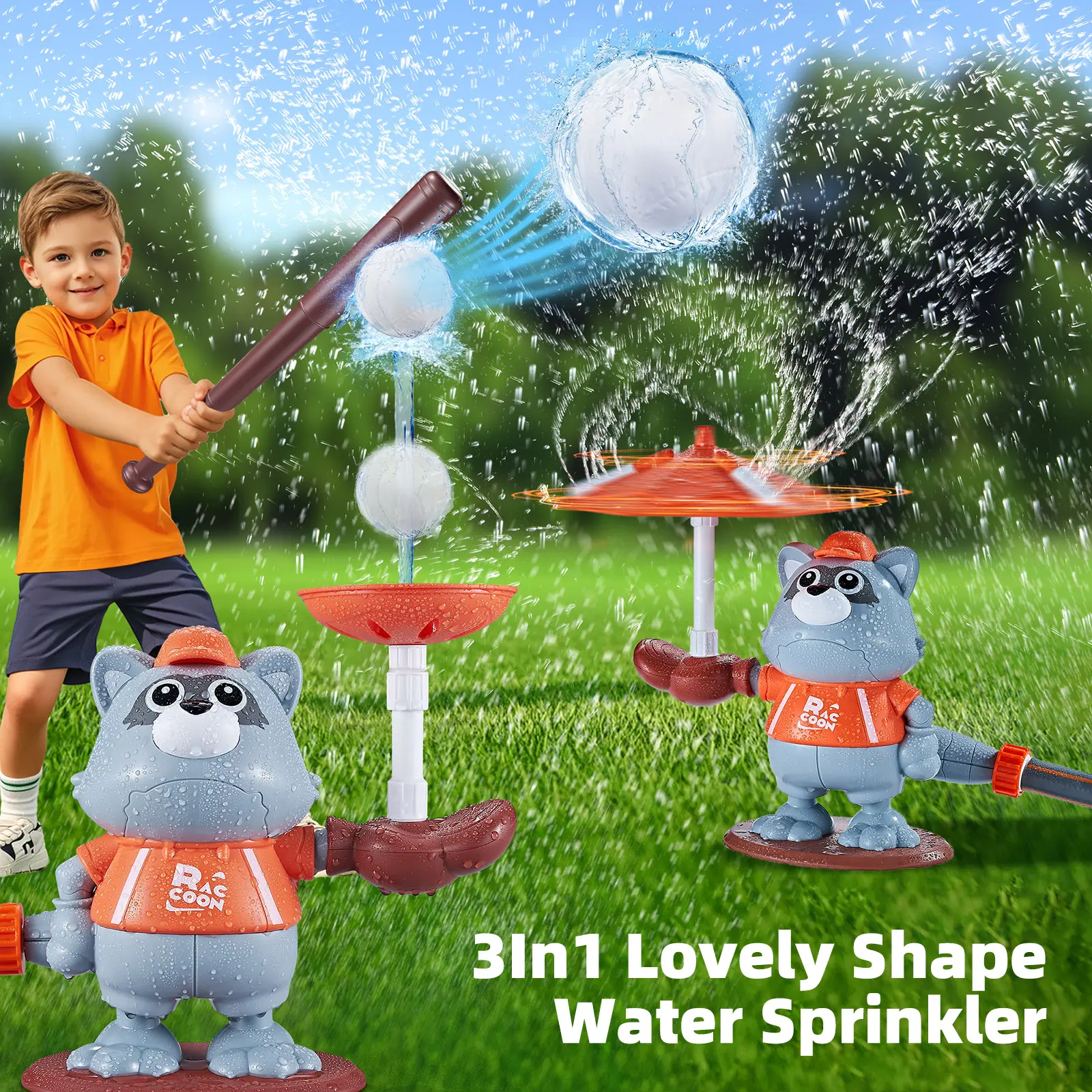 Kids 3-in-1 Fun Water Sprinkler with Baseball Training Sports Toy & Adapter, Outdoor Squirt Toy for Stress Relief & Classic Novelty Play