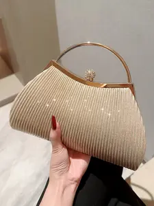 Elegant pleated evening clutch, women's clutch for weddings and parties, crossbody bag with detachable strap, wallet, round clasp adorned with rhinestones, Embellished Clutch