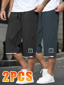 Men’s casual drawstring shorts, 2-pack, suitable for summer outdoor activities and work; 100% polyester fabric; non-stretch; solid color; regular fit; with pockets