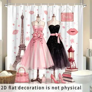 2D Flat 1pc 70.9x70.9 inch Paris Shower Curtain Whimsical Parisian Design with Eiffel Tower Dresses Books Pink Accessories Romantic Chic Bathroom Decor, Machine Washable Fashionthemed Decor，Curtains with 12 Hooks