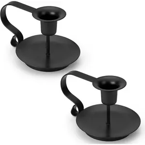 X-CDH02 Black Metal Taper Candle Holders Set of 2, Vintage Chamberstick Candle Holder with Handle for Taper Candles, Farmhouse Rustic Candle Holders for Table Decor, Halloween Christmas Decoration Antique Centerpiece