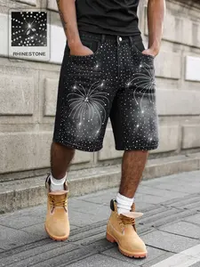 Casual fashion jean men's casual and versatile diamond-decorated pocket denim shorts, featuring a stylish and comfortable design, are suitable for daily wear and are perfect for the city.