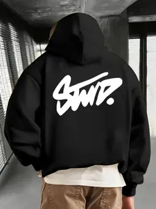 Men's Letter Swd Graphic Print Hoodie, Loose Fit Casual Long Sleeve Sweatshirt with Pockets, Spring & Fall Fashion Top