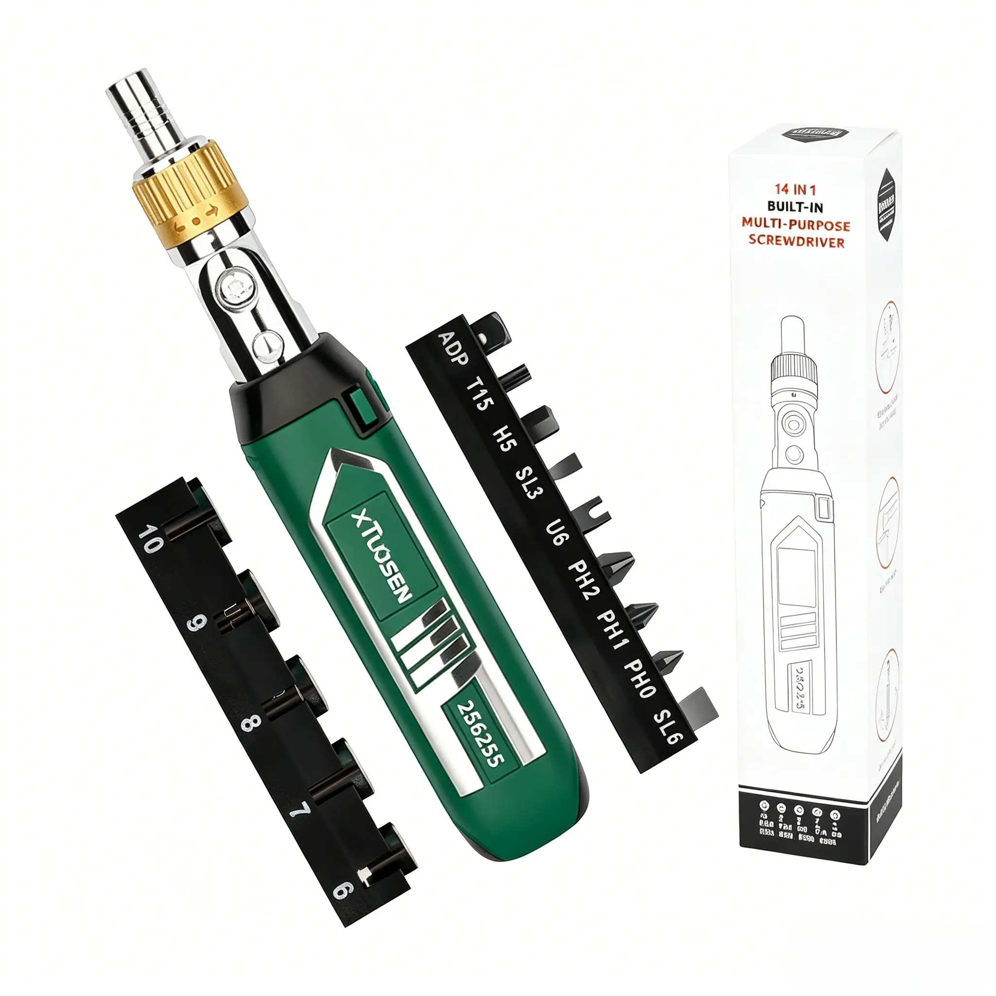Adjustable Angle Ratchet Screwdriver 14-in-1 Multipurpose Hand Tool - Metal, Multi-Purpose, Non-Impact, Torx Socket Ratchet Multitools & Accessories for Household Repairs, Metal Ratchet Multitools & Accessories, Multi-Purpose Multitools & Accessories