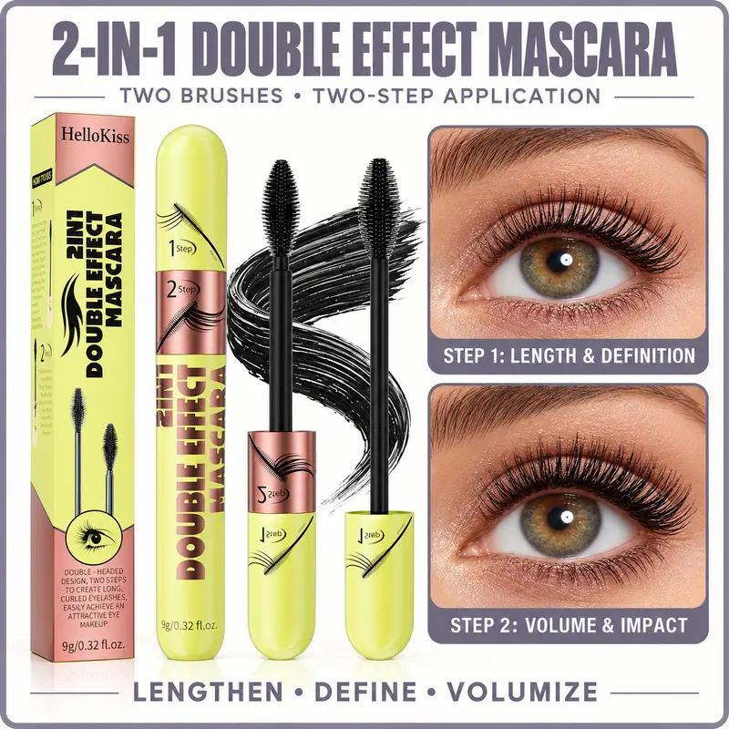 2-in-1 Black Mascara with Two-Step Brush System, Lengthening and Volumizing Eye Makeup for Defined, Fuller-Looking Lashes, Natural to Bold Lash Looks