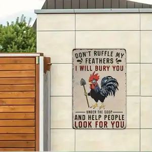 Vintage Farmhouse Metal Sign - "Don't Ruffle My Feathers, I Will Burn You" Humorous Rooster Wall Decor, 8x12 Inch Rustic Tin Sign for Kitchen, Chicken Coop, or Home, Durable Tinplate, Easy to Hang, Chicken Decor
