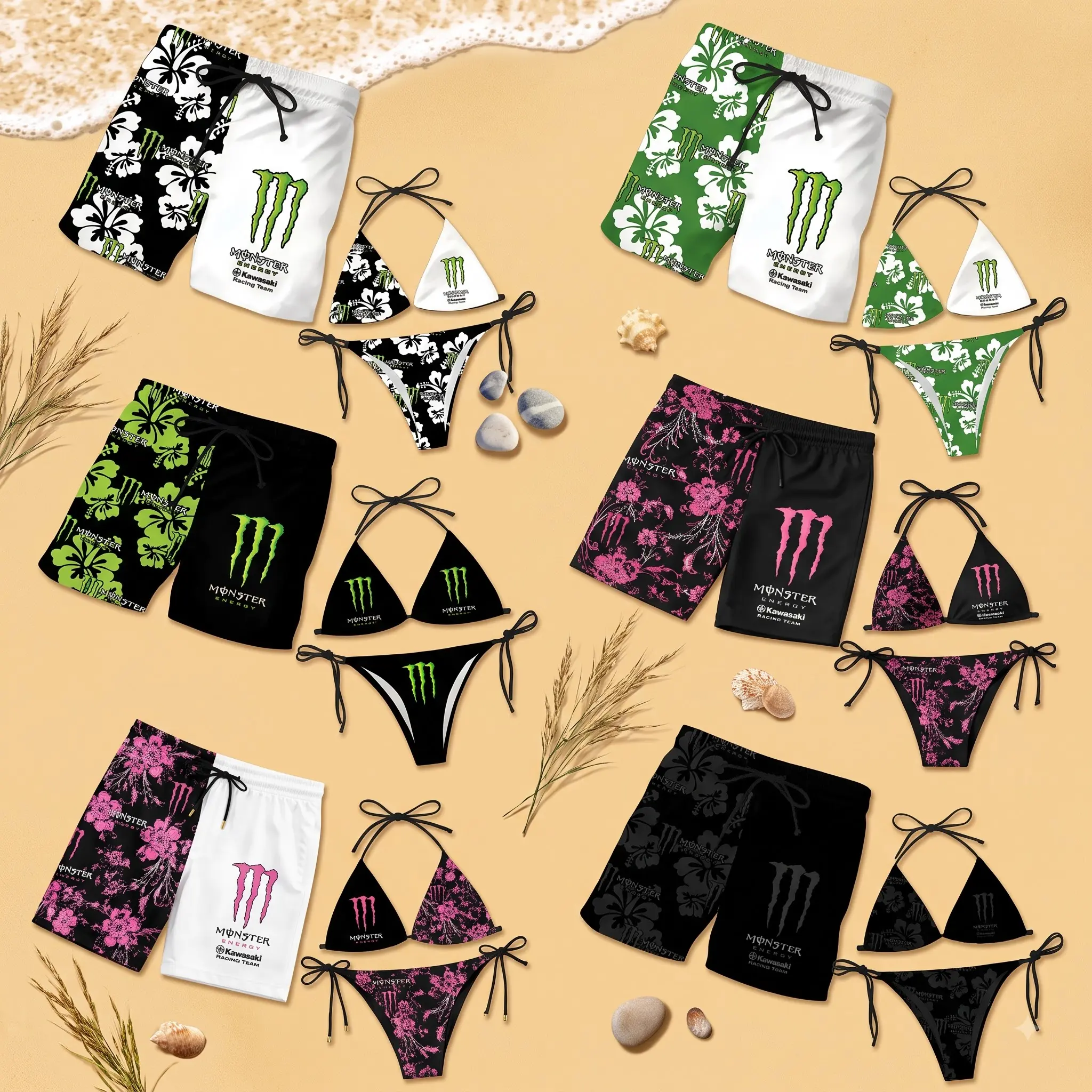 Monster Energy Floral Matching Couple Swimwear Set, Women’s Triangle Bikini Top and Tie Side Thong Bottom with Men’s Hawaiian Beach Shorts, Coordinated Summer Vacation Outfit, Tropical Pool Party Gift for Couples, Men and Women