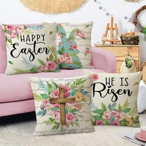 Easter Bunny Flower Pattern Pillow Covers Set, 4pcs 45x45cm, Short Plush Material, Hidden Zipper, Indoor Outdoor Decor, Bedroom Decorative Accessories