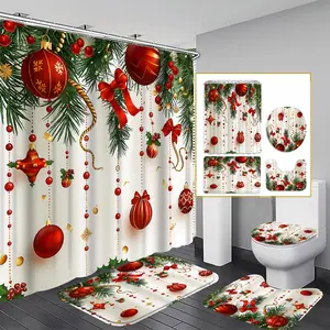 1/3/4PCS Festive Decoration Balls & Pine Branch Shower Curtain Set, Holiday Elements, Bathroom Decor with Bath Mat, 12 Hooks, 180x180cm, Bathroom Decoration Accessories
