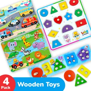 Jumbo Wooden Puzzle Set by Lucas & Friends - Wild Animals, Vehicles, Shapes & Sorting Toy