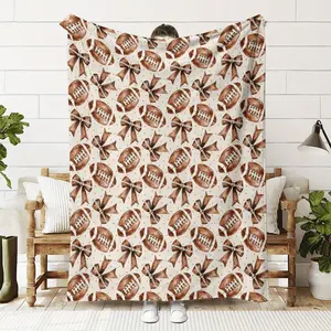 AllSeason Cozy Soft FootballAndBow Pattern Flannel Throw Blanket for Couch Sofa Office and Travel Light Beige Brown and Black Design