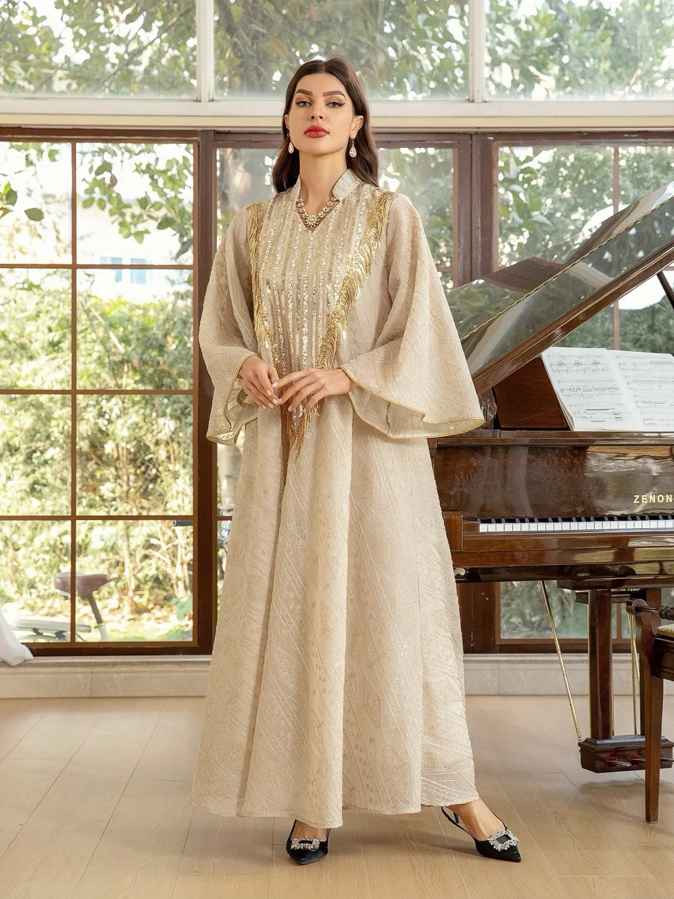 chinese dress ladies Linelle Ladies Solid Jalabiya – Green Full-Sleeve Cotton Dress with Em –  Mylinelle UAE main image 0