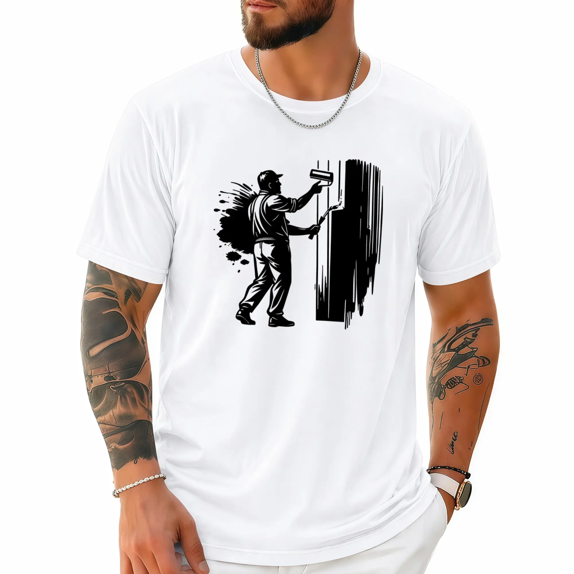 Painter Worker Silhouette Front Print T-Shirt, Paint Roller Brush Splatter Graphic Crew Neck Tee,  Handyman Cotton Casual Top