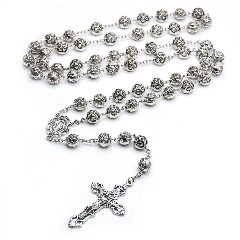 10mm Vintage Cross Pendant Plastic Rose Rosary Necklace Catholic Prayer Jewelry Gifts