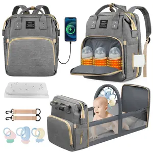Diaper Bag Backpack, Multifunctional Baby Changing Bag with Foldable Crib &Insulated Milk Bottle Pockets, Large Capacity Portable Travel Backpack with USB Charging Port