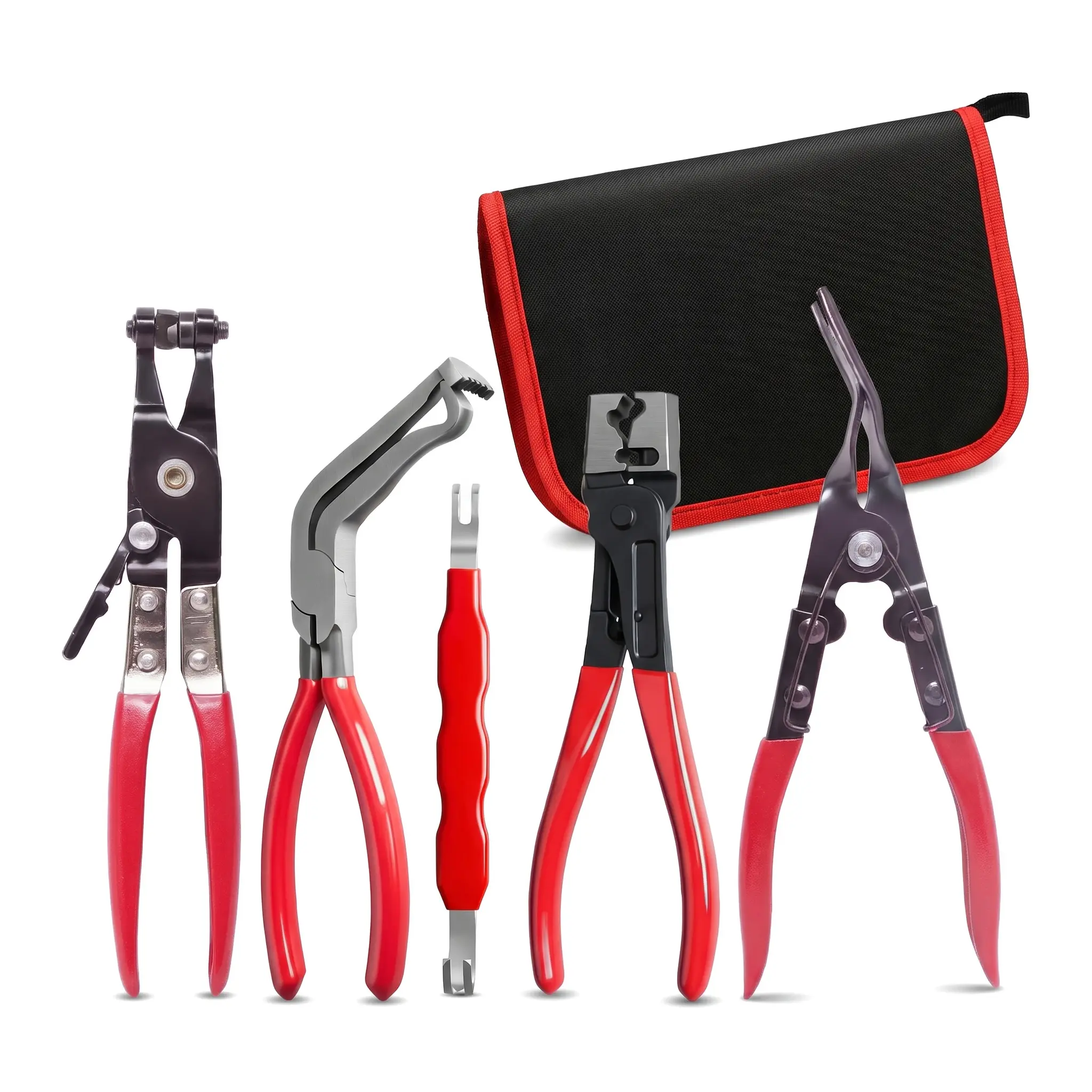 IRONFIX 5Pcs Automotive Electrical Disconnect Pliers Kit, Connector Removal Tool, Straight Hose Clamp Plier, Single Ear Clamp Plier, 60° Angled Pliers, 2 in 1 Clip Pliers with Case