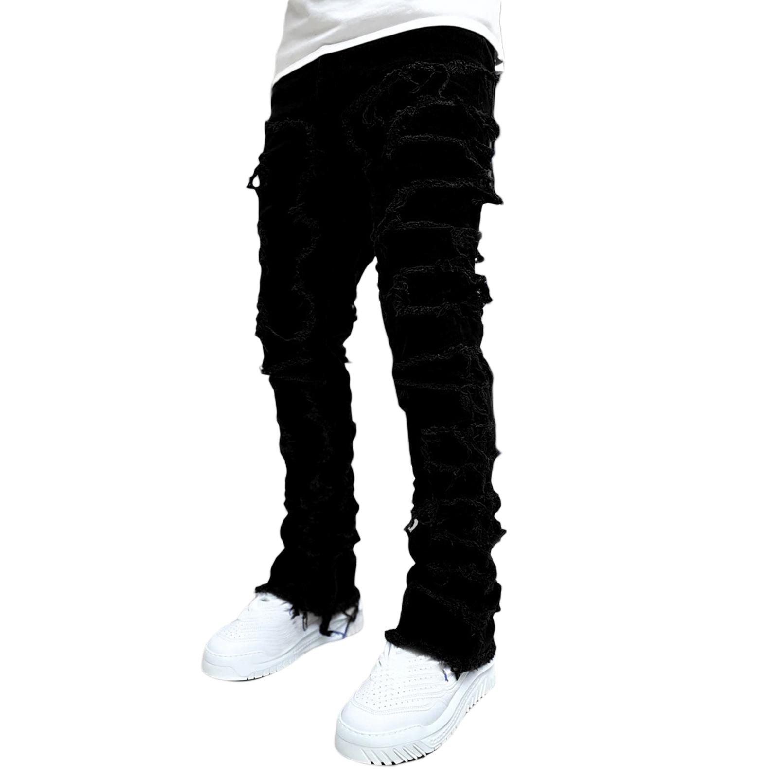 Men’s light-wash stacked flare jeans with heavy frayed patches