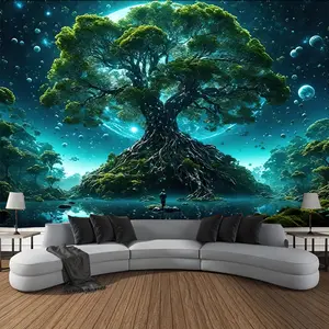 Enchanting Tree of Life Tapestry Vibrant Polyester Wall Art with Celestial & Nature Scene Ideal for Living Room Bedroom Office Decor Includes Easy Installation Kit 85gsm Peach Skin Fabric
