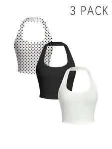 3 Pack Womens Halter Neck Crop Tops 2026 Trendy Polka Dot & Solid Sleeveless Tank Tops Fitted Square Neck Casual Tops Y2K Streetwear for Summer Party Club Daily Going Out Soft Stretchy Multiple Colors Available