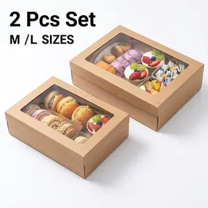 Gourmet Kraft Window Bakery & Charcuterie Boxes with Lids - 2-Piece Set (M & L Sizes) | Premium Pastry, Snack & Meal Prep Catering Containers for Picnics & Parties | Clear Display,Food Grade Kraft Boxes,M and L Sizes Pastry Packing Box for Gift Giving