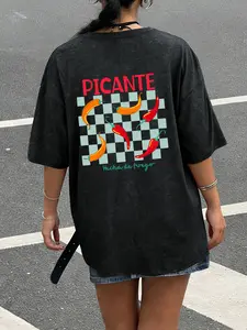 Picante Hecha de Fuego Chili Pepper Graphic Print Women's Casual Washed Short-Sleeve T-Shirt