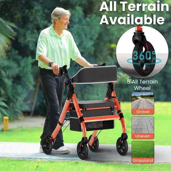 Foldable Rollator Walker for Seniors - 450 lb Capacity, 8" Wheels, 18 in Comfortable Seat, 6-Position Adjustable Height, Heavy-Duty Aluminum Walking Aid for Daily Walking, Comfortable Navigation, Customizable Fit (Red)
