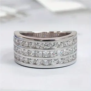 Triple Row Half Full Moissanite Engagement For Women Men, D color vvs1 Round Cut, 925 Sterling Silver Wide Band For Women Men, Luxury Jewelry Gifts For Women Men Couples, Holiday Birthday Christmas Easter Gifts Father Mother