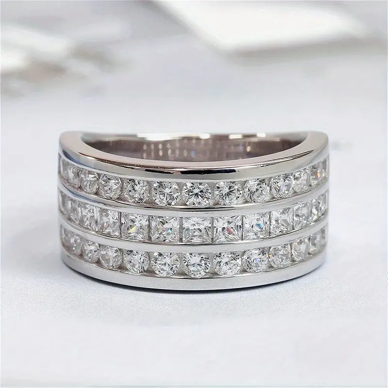 Unisex 925 Sterling Silver Wide Band 3-Row Ring Stack - D Color VVS1 Round Cut Half-Full Sparkling Moissanite, Female Gem-Integrated Artificial Diamond Band Set, Daily Luxury Couple Gift (Holiday, Birthday)