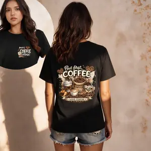 "Coffee Lover Shirt" "But First Coffee Quote" "Women's T-shirt" "More Coffee Please Design" "Funny Caffeine Addict Tee" "Front and Back Print" "Soft Cotton Ladies Top" "Gift for Coffee Drinkers" "Morning Brew Apparel"-14