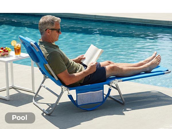 Folding Adjustable Chaise Lounge Chair, Portable Beach Lounge Chair with Backpack Straps & Side Pocket for Outside, Patio, Poolside, Lawn